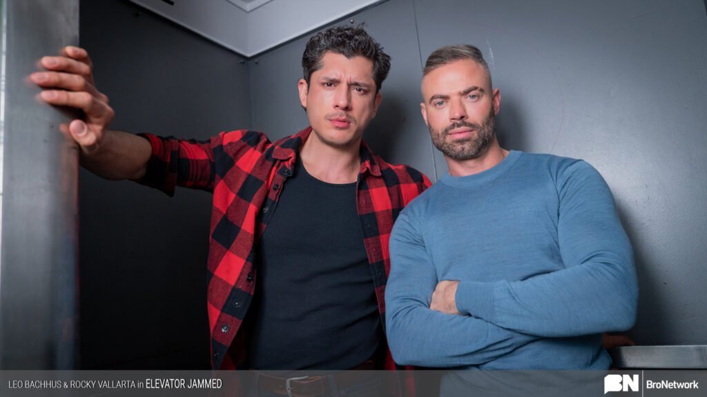 Leo Bacchus and Rocky Vallarta - gay porn actors - Elevator Jammed video by The Bro Network Studio